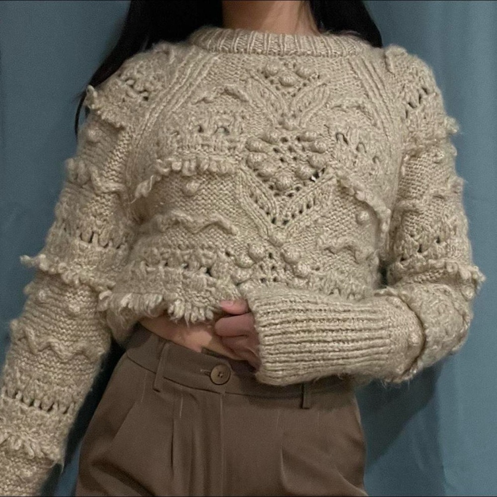 ZARA Women Chunky Pom Pom Sweater 5802/118, Tan, Size M